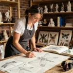 Illustratrice dessinant une libellule fantastique sur une table à dessin entourée de croquis et références mythologiques