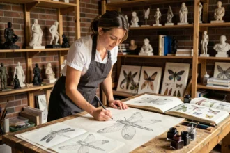 Illustratrice dessinant une libellule fantastique sur une table à dessin entourée de croquis et références mythologiques