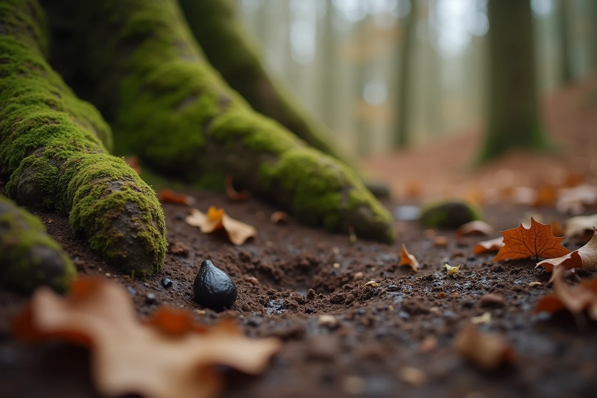 Ensemble d'indices de présence de renard en forêt : crotte, poils sur ronce et empreinte de patte dans la boue