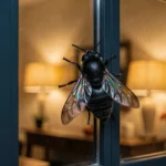 Gros insecte noir volant posé sur une vitre de fenêtre attiré par la lumière intérieure la nuit