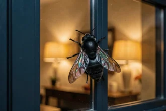 Gros insecte noir volant posé sur une vitre de fenêtre attiré par la lumière intérieure la nuit