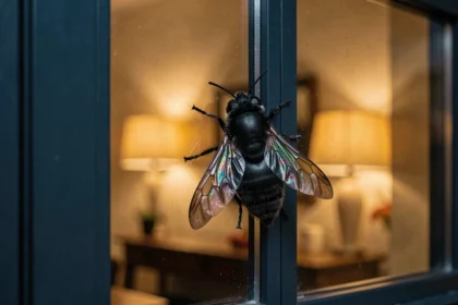 Gros insecte noir volant posé sur une vitre de fenêtre attiré par la lumière intérieure la nuit