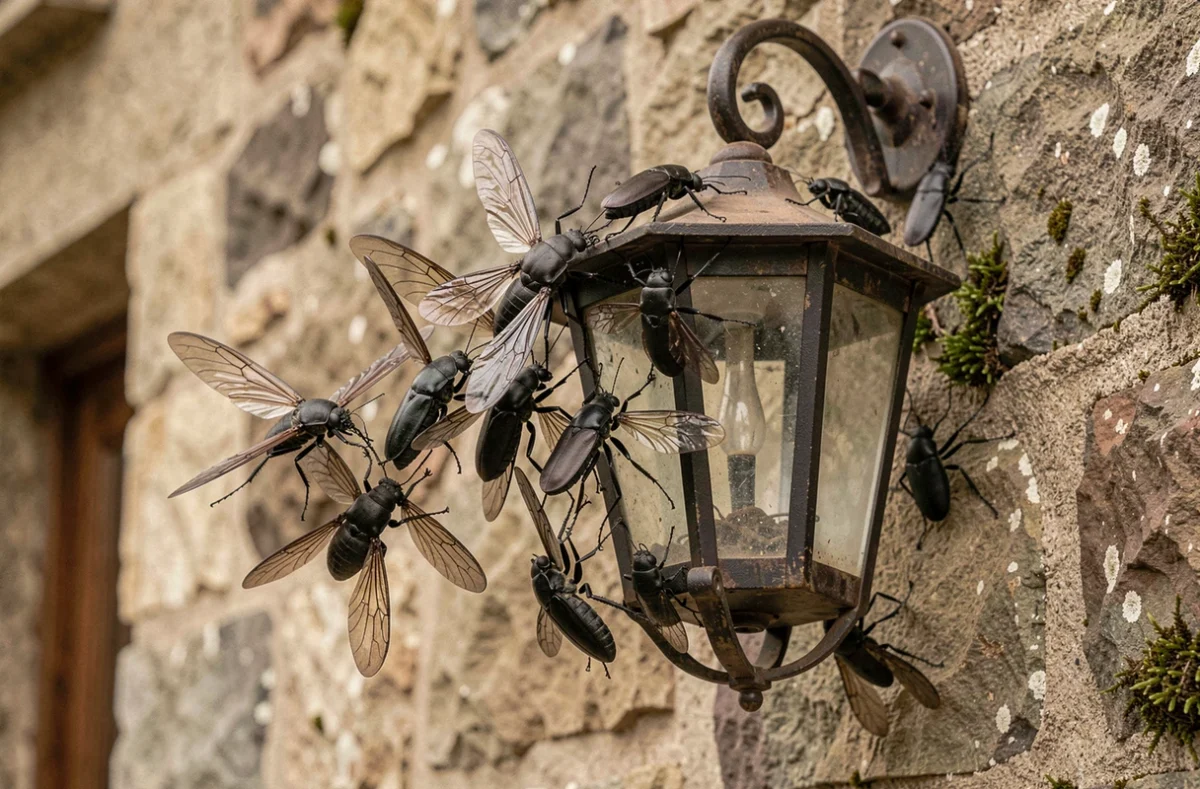 Insectes noirs volants rassemblés autour d'un lampadaire extérieur mural en pierre la nuit
