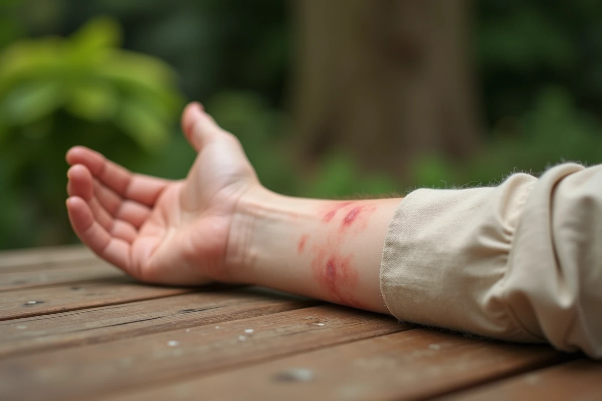 Bras irrité après contact avec une chenille processionnaire, examiné dans un jardin
