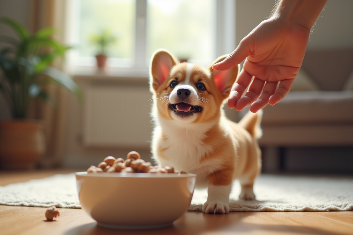 Chiot corgi regardant la main verser des croquettes