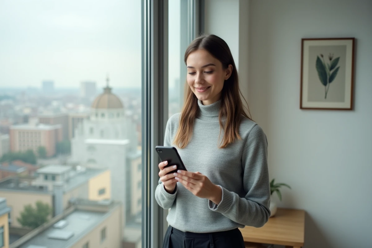 Jeune femme découvrant son animal totem sur smartphone près d'une fenêtre dans un appartement moderne