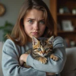 Jeune femme avec un chaton aux yeux troubles en intérieur