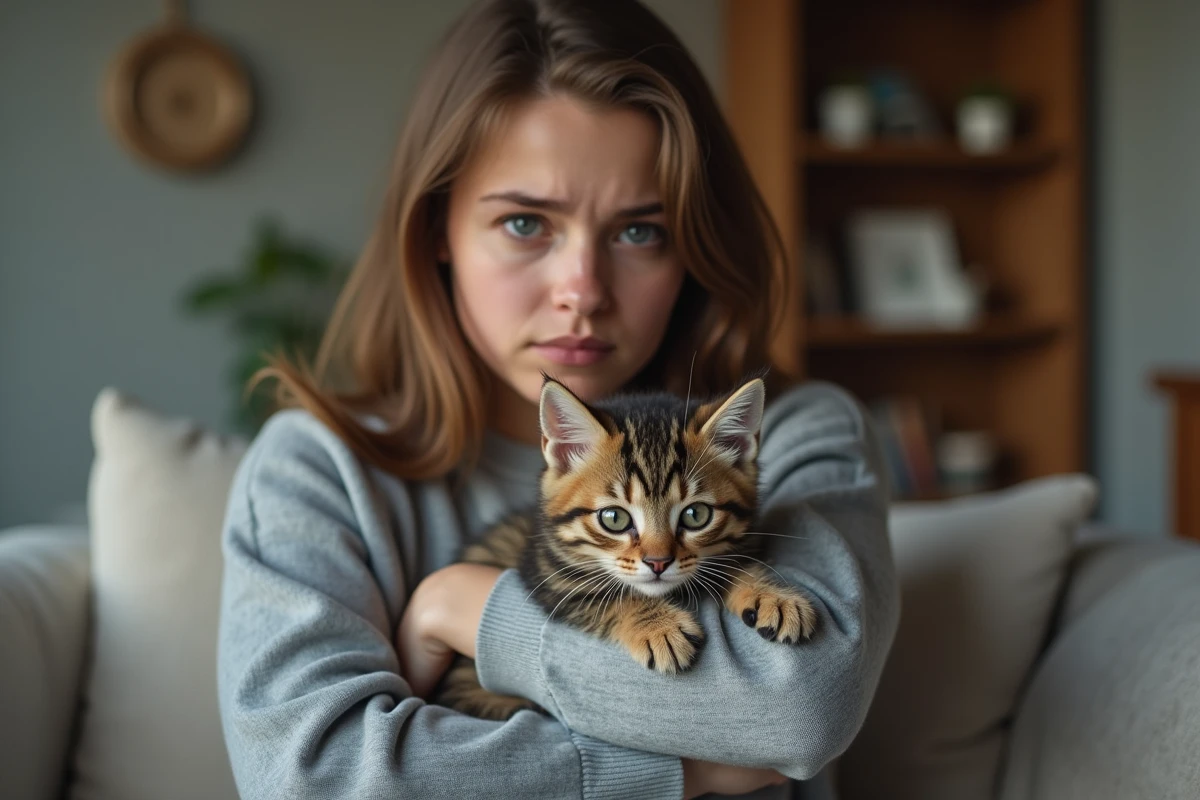 Jeune femme avec un chaton aux yeux troubles en intérieur