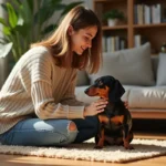 Jeune femme caressant un chien dachshund dans un salon lumineux
