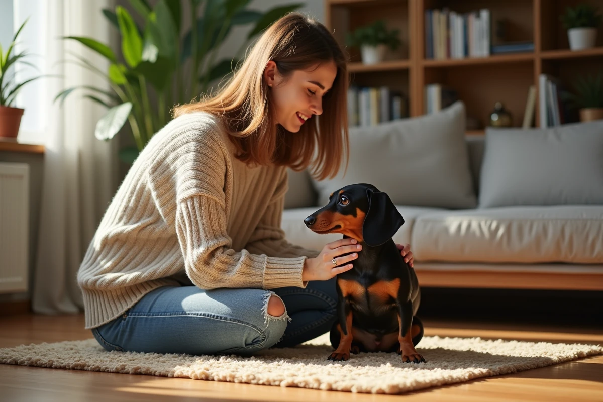Jeune femme caressant un chien dachshund dans un salon lumineux