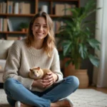 Jeune femme souriante avec un cochon d'Inde dans un salon