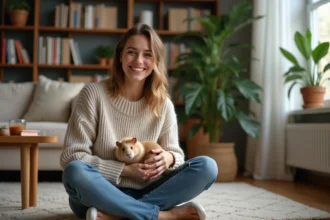 Jeune femme souriante avec un cochon d'Inde dans un salon