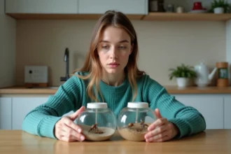 Jeune femme compare deux kits fourmis en cuisine