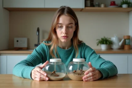 Jeune femme compare deux kits fourmis en cuisine