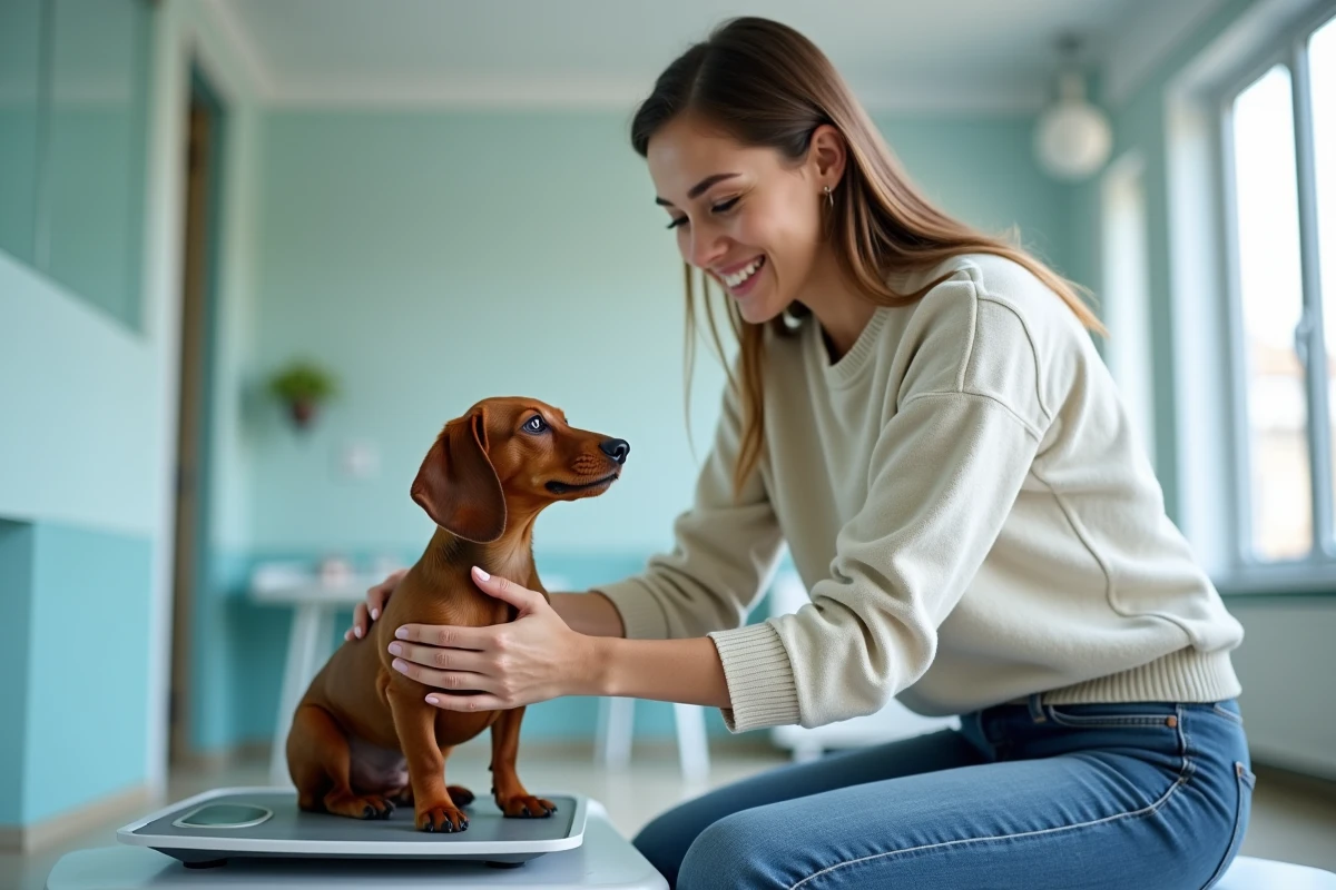 Jeune femme pesant un chien miniature dachshund sur une balance