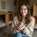 Jeune femme tenant un cobaye nu dans ses mains