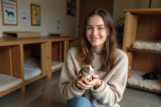 Jeune femme tenant un cobaye nu dans ses mains