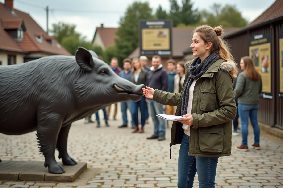 Jeune journaliste montrant une statue de sanglier lors d