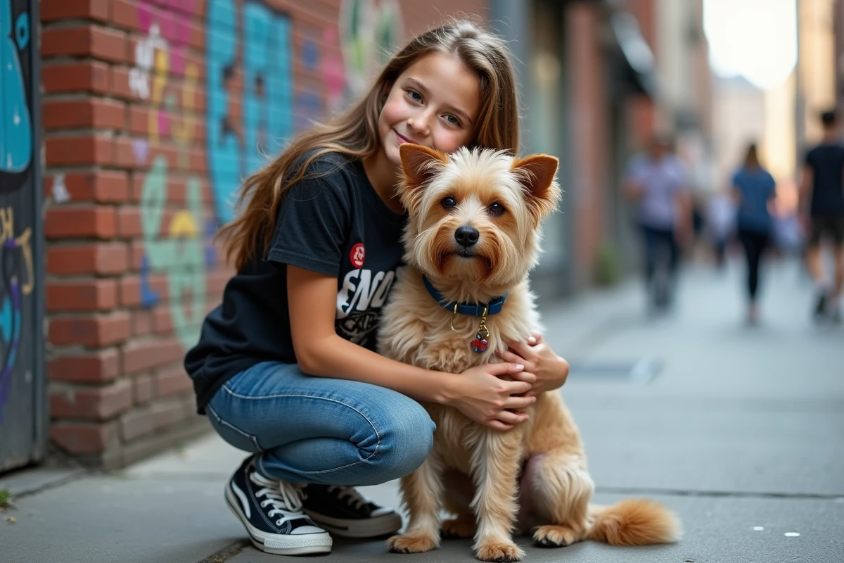 Jeune fille avec chien urbain sur le trottoir coloré