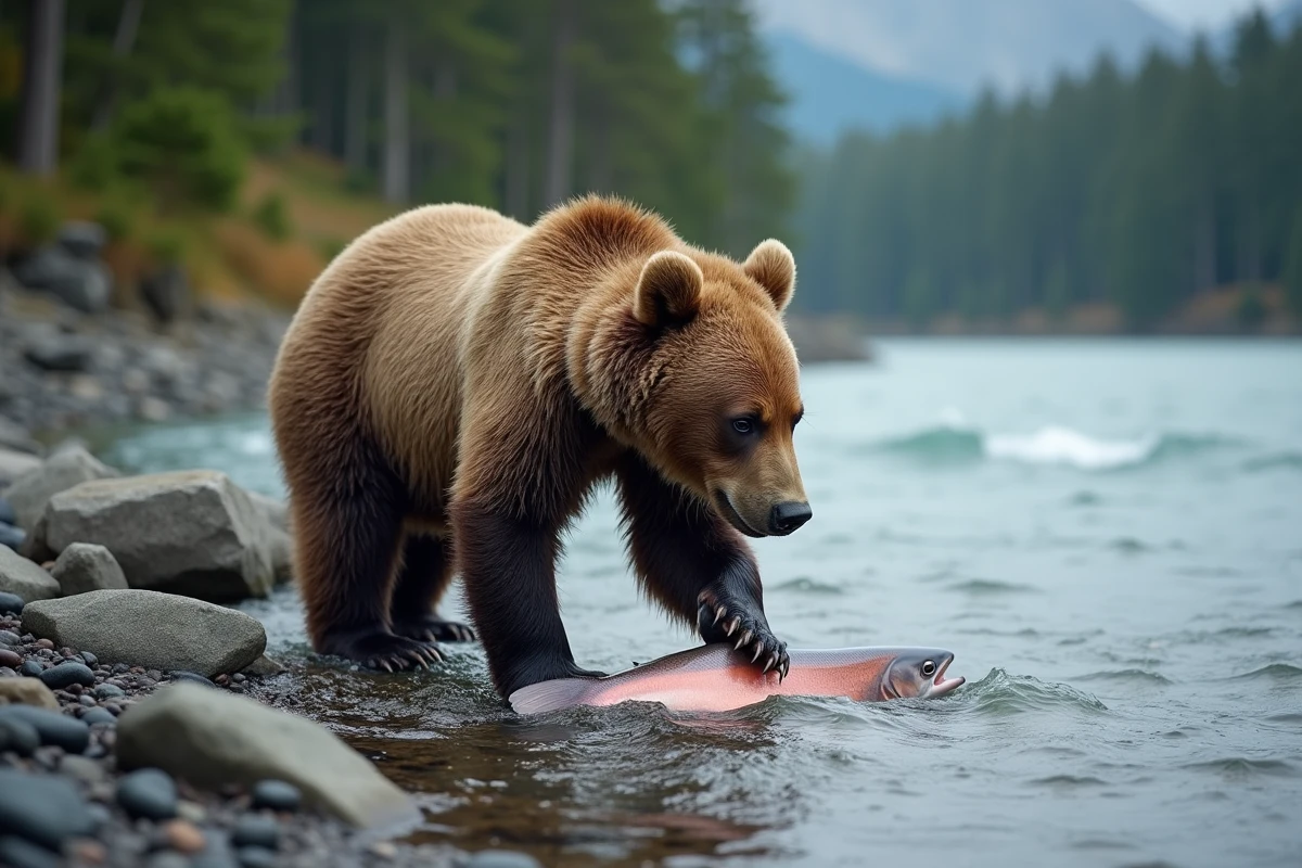 Jeune grizzly pêchant du saumon au bord d