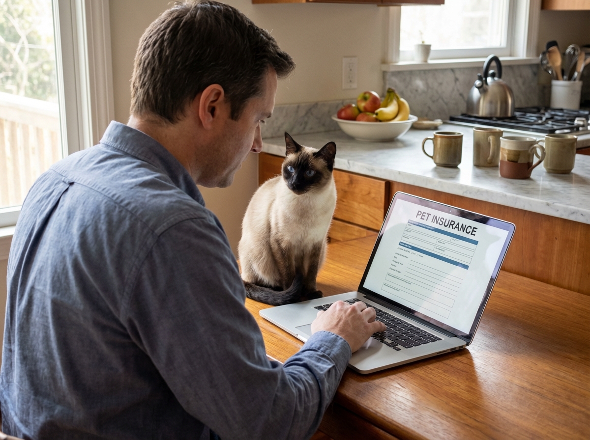Jeune homme avec chat siamese dans une cuisine moderne