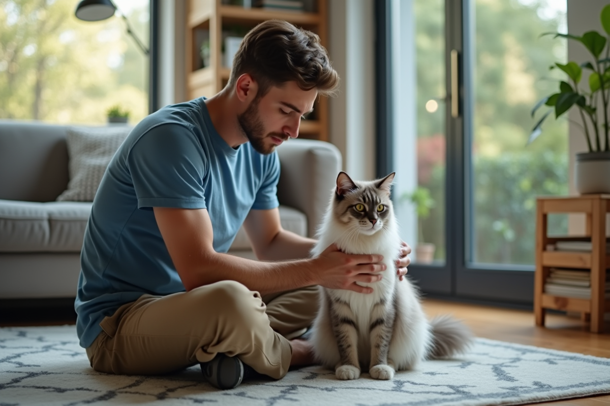 Jeune homme massant son chat Maine dans le salon