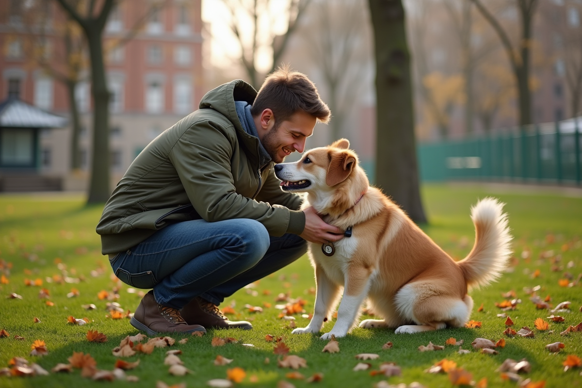Jeune homme jouant avec son chien dans un parc en automne