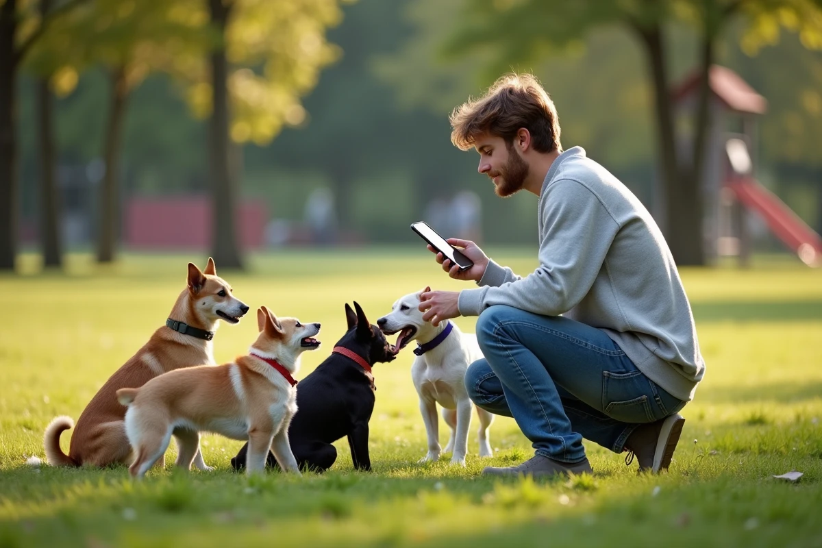 Jeune homme avec chiens dans un parc ensoleille