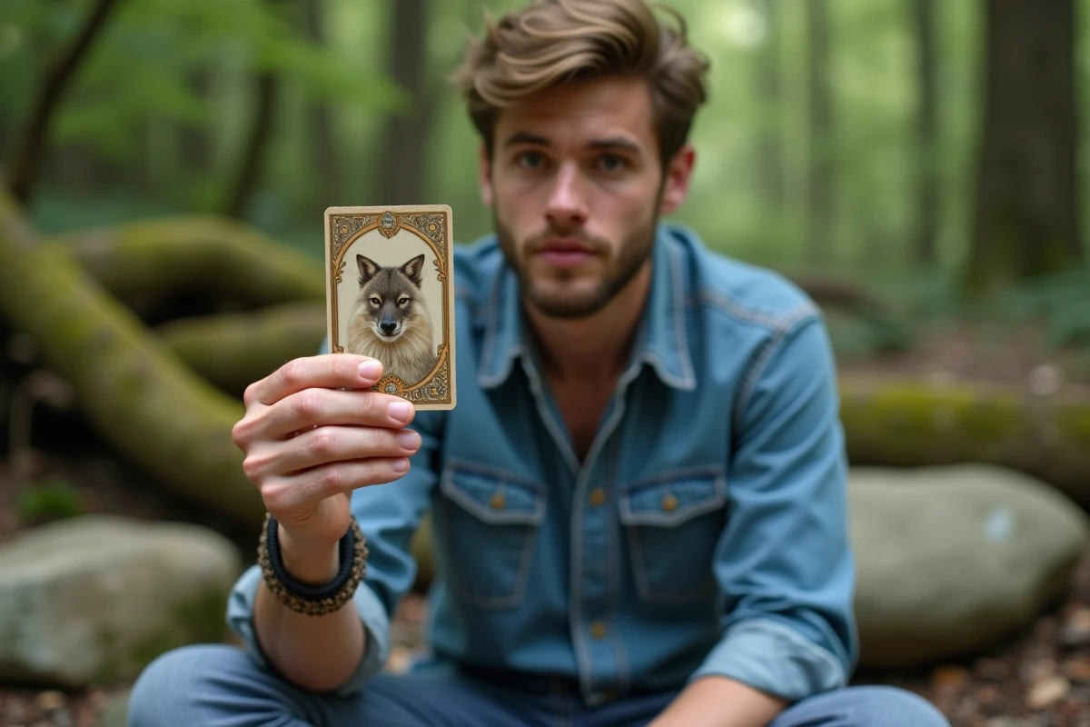 Jeune homme regardant une carte animal totem en plein air dans la nature