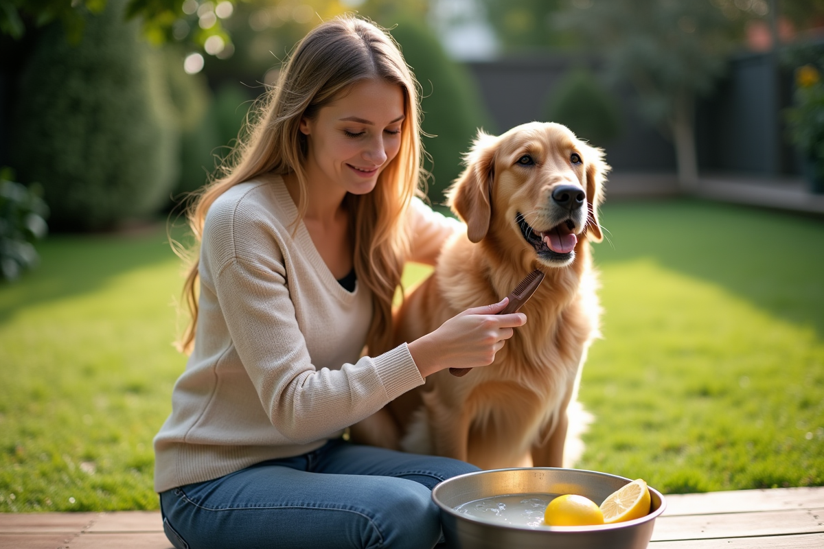 Jeune mère brossant son chien dans le jardin ensoleille