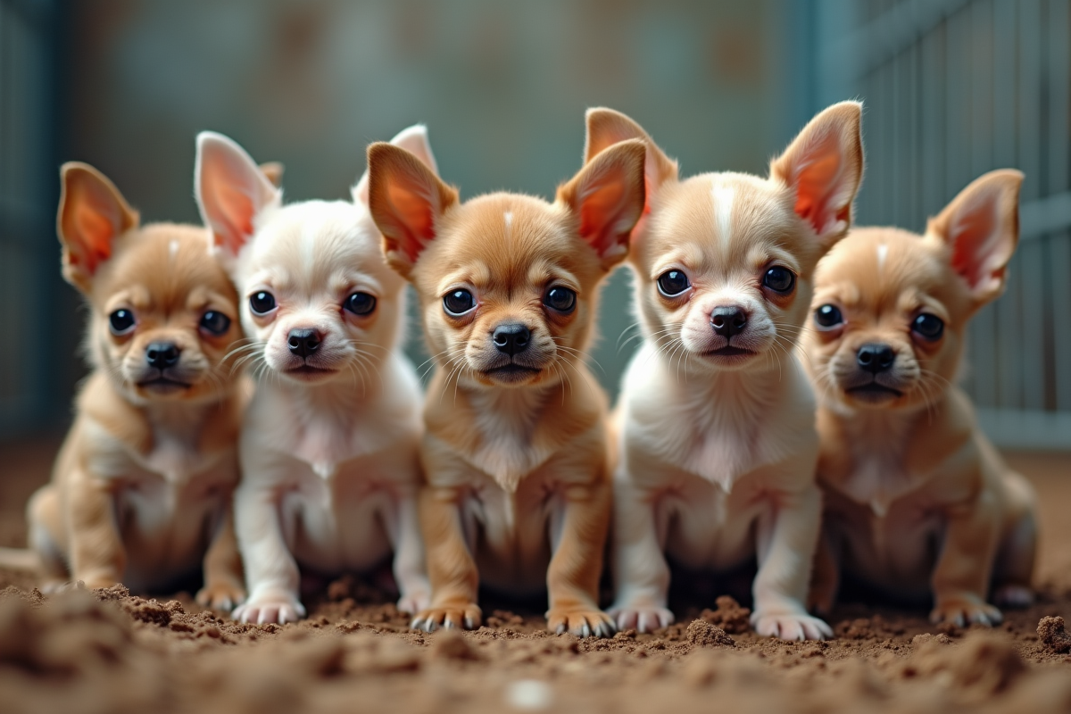Plusieurs chiots chihuahua dans un enclos de élevage