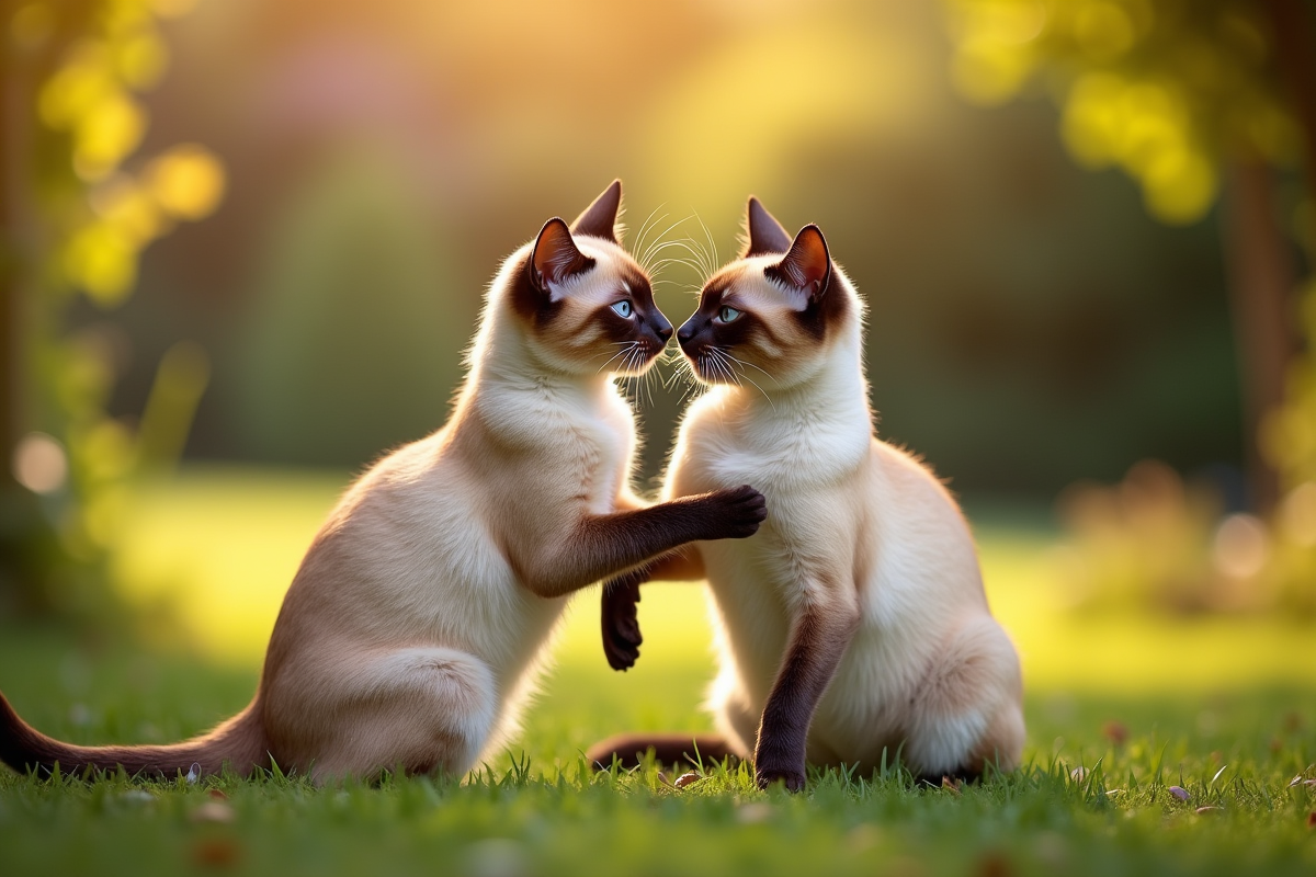 Deux chats siamois jouent dans un jardin en lumière dorée