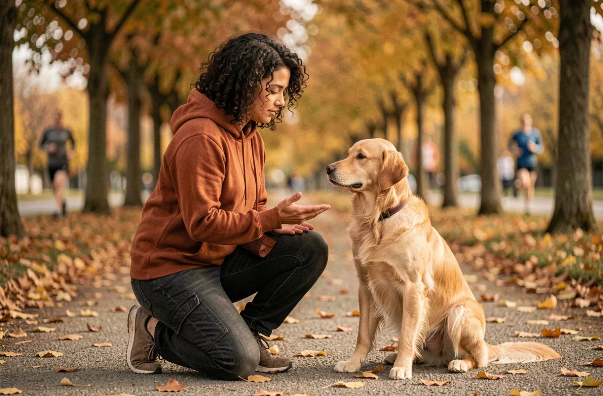 Johanna Hagege, éducatrice canine du secteur est parisien, en interaction avec un Golden Retriever dans un parc aux couleurs automnales