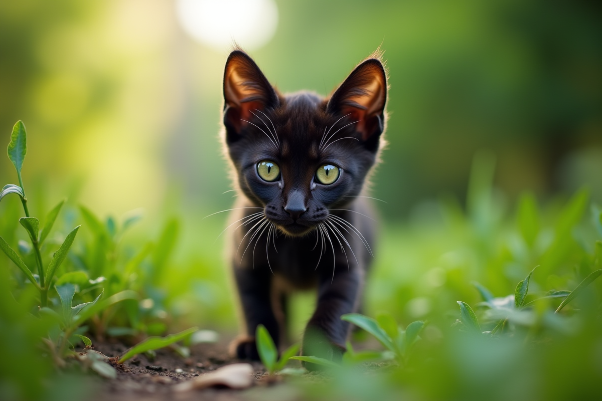 Jeune chat Bengal noir explorant des grillages verts