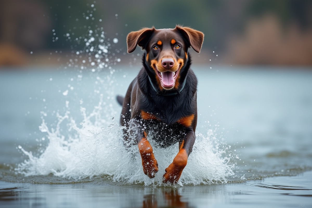 Labrador nageant dans un lac avec éclaboussures d