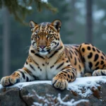Léopard de l'Amour en voie de disparition reposant sur un rocher enneigé dans la forêt tempérée de l'Extrême-Orient russe