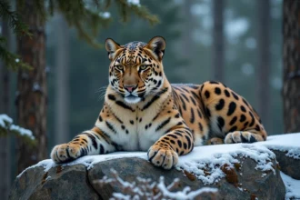 Léopard de l'Amour en voie de disparition reposant sur un rocher enneigé dans la forêt tempérée de l'Extrême-Orient russe