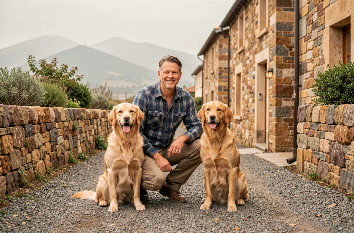 Pension Les Aristochiens dans le Puy-de-Dôme avec un soignant et des chiens près d'un bâtiment en pierre