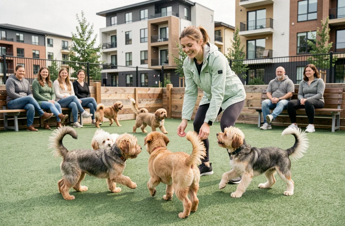 Ludivine, éducatrice canine spécialisée en socialisation, supervisant une séance de jeux entre plusieurs petits chiens dans un parc canin urbain