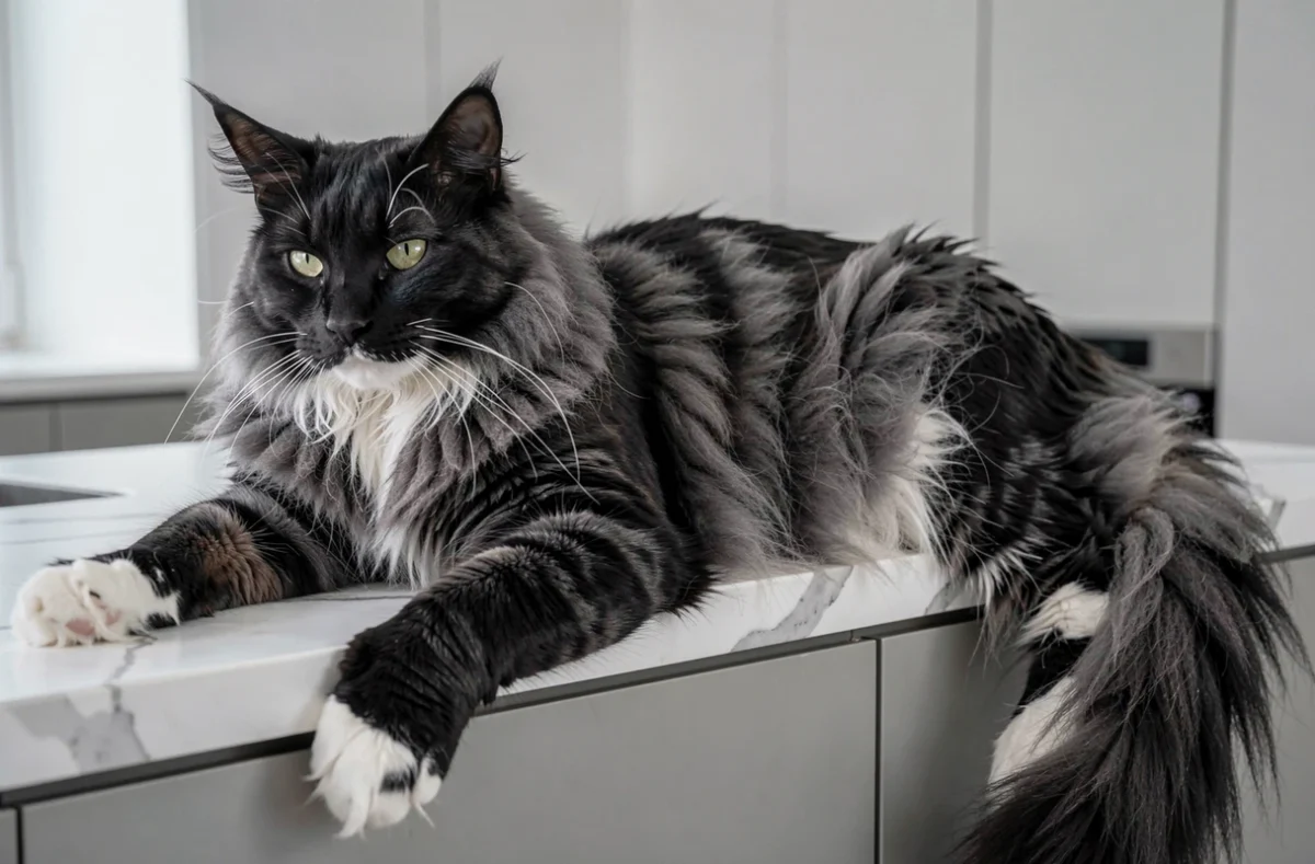 Maine Coon black smoke allongé sur un comptoir en marbre blanc, la fourrure écartée révélant la base argentée caractéristique de la robe smoke