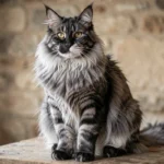 Maine Coon black smoke assis sur une surface en bois brut, montrant le contraste saisissant entre la pointe noire et la base argentée de son pelage
