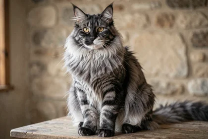 Maine Coon black smoke assis sur une surface en bois brut, montrant le contraste saisissant entre la pointe noire et la base argentée de son pelage