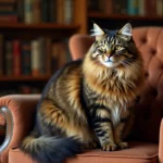 Maine Coon majestueux aux longs poils tabby assis sur un fauteuil en bois vintage dans un salon chaleureux