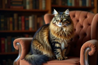 Maine Coon majestueux aux longs poils tabby assis sur un fauteuil en bois vintage dans un salon chaleureux