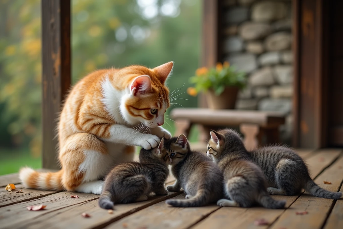 Maman chat qui lave ses chatons sur une terrasse rustique