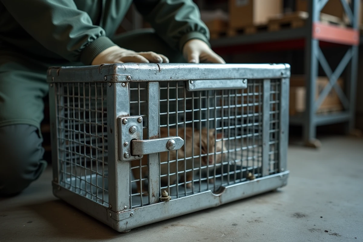 Gros plan sur le mécanisme de verrouillage d'une cage attrape chat en métal galvanisé, main gantée réglant le déclencheur à appât
