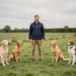 Un éducateur canin entouré de plusieurs chiens bien dressés sur un terrain herbeux dans le Nord de la France