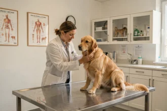Un vétérinaire professionnel examine un golden retriever dans une clinique vétérinaire moderne en Gironde