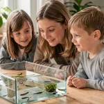 Mère et enfants observant des têtards dans un aquarium en verre sur une table en bois, activité nature éducative à la maison
