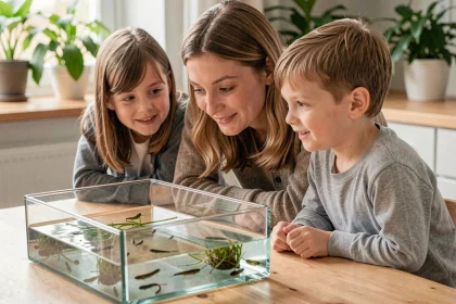 Mère et enfants observant des têtards dans un aquarium en verre sur une table en bois, activité nature éducative à la maison